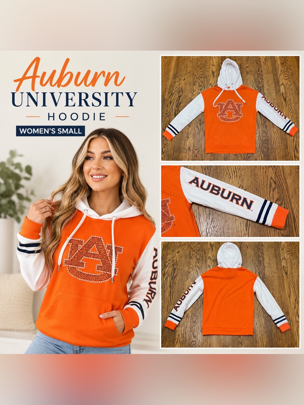 Auburn University Women’s Rhinestone Hoodie Orange White Size Small
 - Women's S